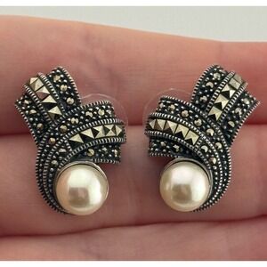 Judith Jack Sterling Silver Marcasite Faux Pearl Pierced Earrings